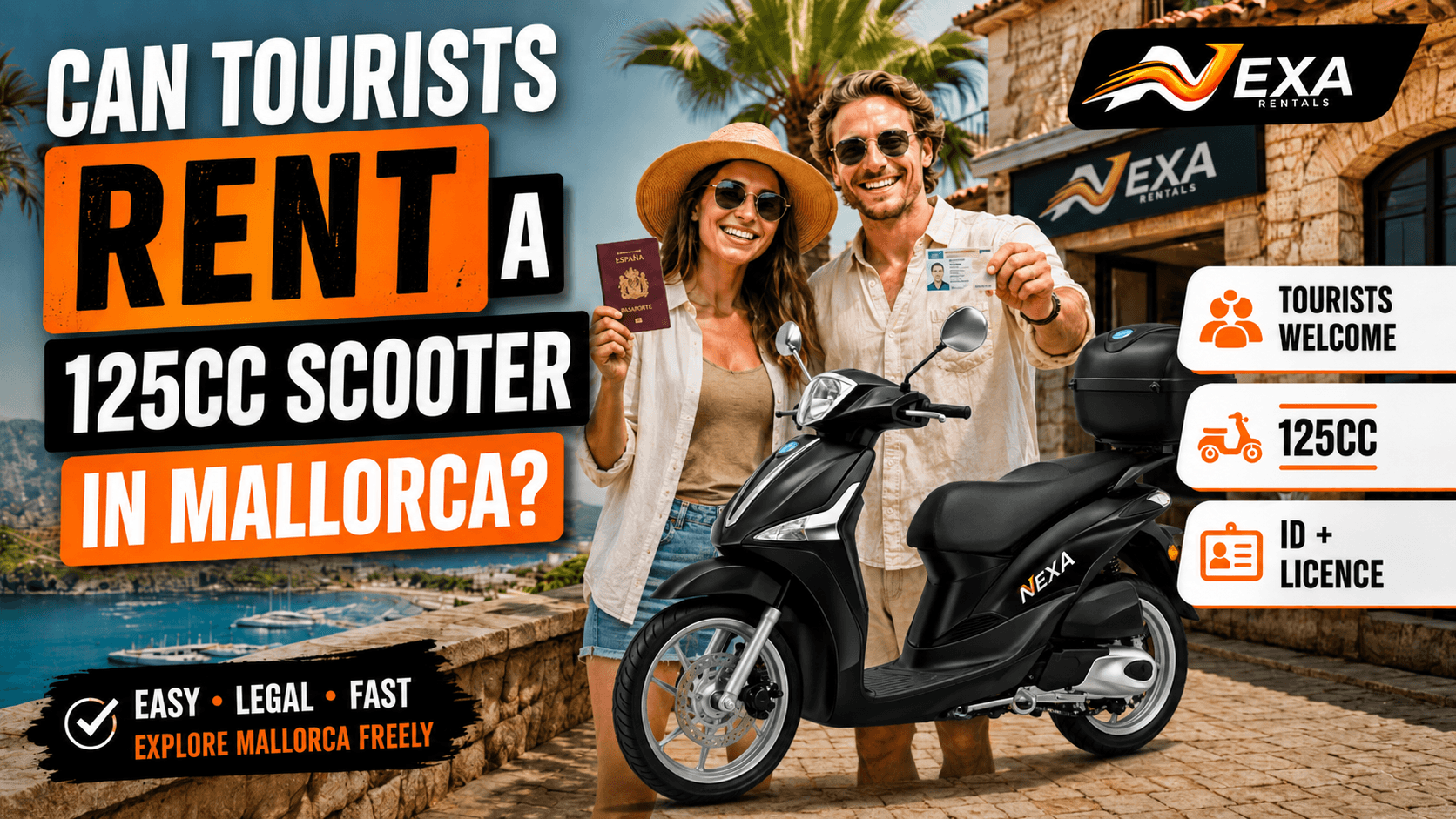 Tourists renting a 125cc scooter in Mallorca