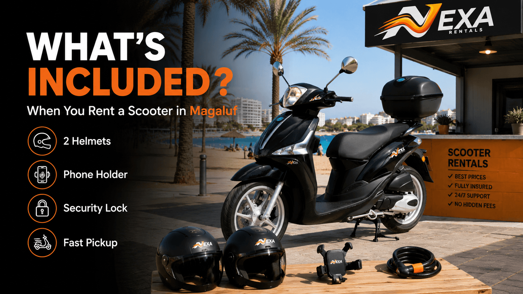 What is included with scooter rental in Magaluf NEXA Rentals